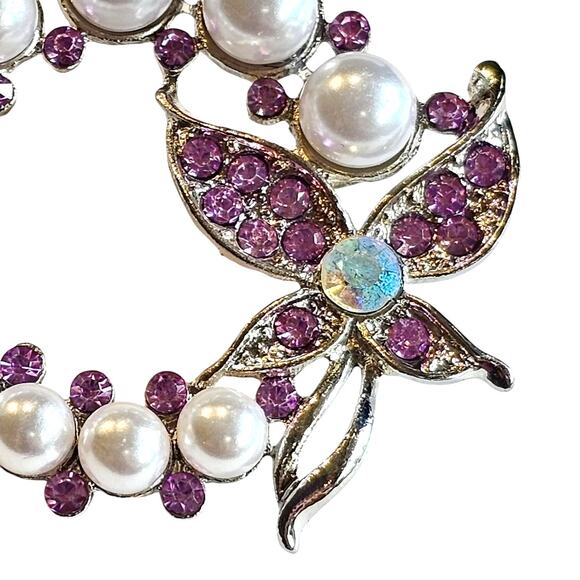Purple Brooch Pin Faux Pearl Rhinestone Butterfly Silver Tone Wreath Gift Box - Picture 7 of 10